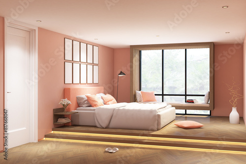 3d render of interior bedroom with window daybed  standing lamp   frame mock up. Tatami wood parquet floor  pink wall and white ceiling. Set 9