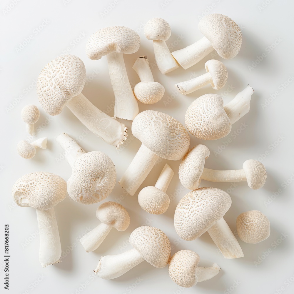 Bunch of mushrooms arranged on a plain white background Bunch of mushrooms arranged on a plain white background