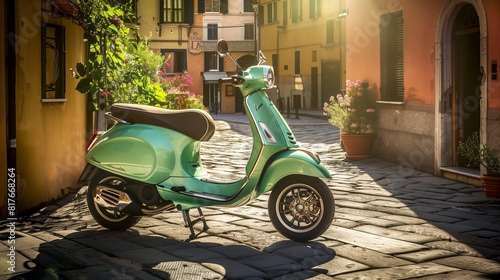 Mint green Vespa parked in a sunny Italian street scene, ample copy space on the left.