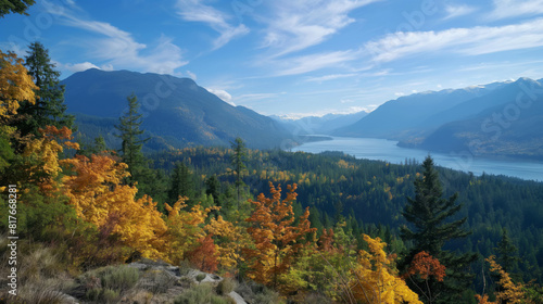 Tranquil lake flanked by mountains, with trees displaying vibrant fall colors