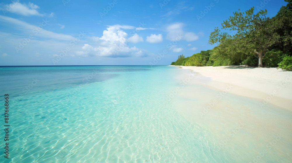 Discover the serene and tranquil tropical beach paradise with crystal clear water. White sand. And untouched greenery. Making it an idyllic and tranquil beachscape getaway Discover the serene and tranquil tropical beach paradise with crystal clear water. White sand. And untouched greenery. Making it an idyllic and tranquil beachscape getaway