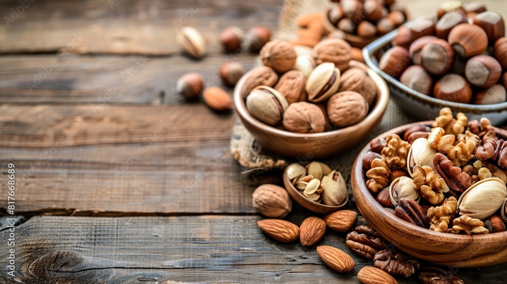 Top view and a flat expanse of nuts against the background of a dark brown table. Top view and a flat expanse of nuts against the background of a dark brown table.