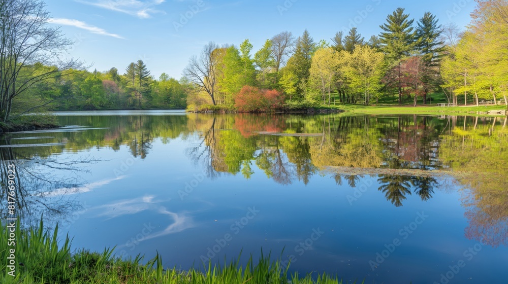 Tranquil springtime reflection in serene lake surrounded by vibrant foliage. Clear sky. And lush greenery. Showcasing the natural beauty of the peaceful outdoors and calm water Tranquil springtime reflection in serene lake surrounded by vibrant foliage. Clear sky. And lush greenery. Showcasing the natural beauty of the peaceful outdoors and calm water