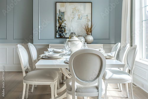 Imagine a contemporary dining area with minimalist white chairs surrounding a glass-top table  imparting a sense of airy spaciousness and modern simplicity 