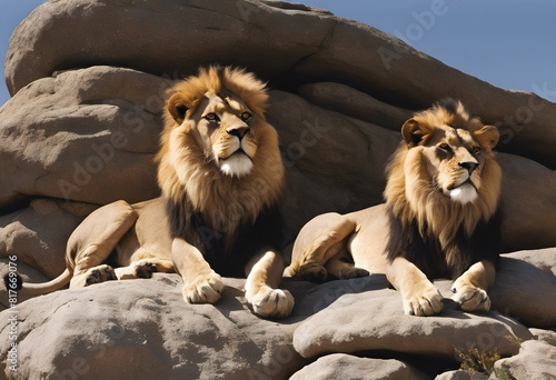 Lions sitting on a rock in the sun