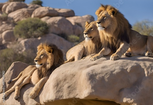 Lions sitting on a rock in the sun