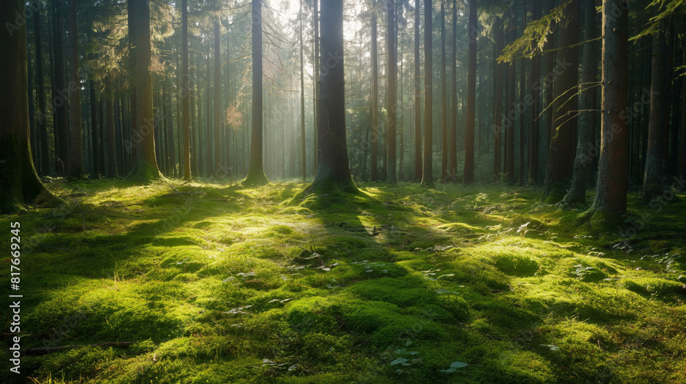 Obraz premium Tranquil and serene sunlit mossy forest with lush greenery. Filtered sunlight. Peaceful tranquility. Creating a beautiful and natural landscape in the eco-friendly woodland environment