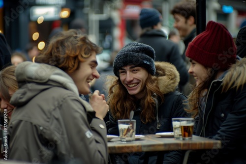 Group of young people having a drink at a street cafe in Frankfurt, Germany.