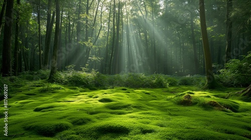 Majestic view of sunlight streaming through a serene  moss-covered forest  creating a tranquil scene