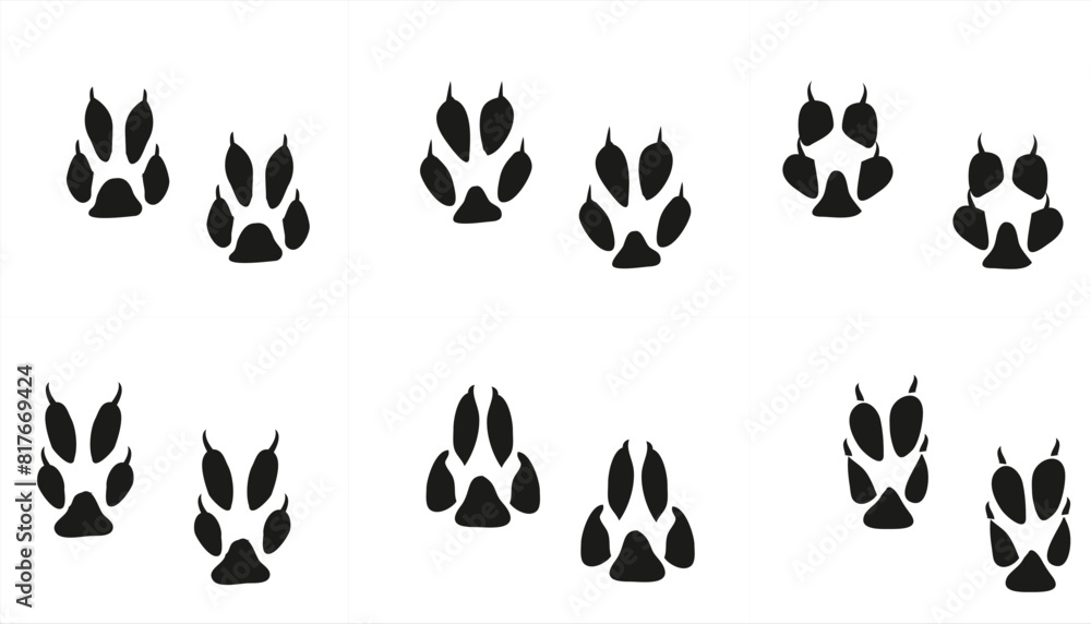 racoon paw print. set of raccoon paws isolated on a white background landscape. racoon paw print. set of raccoon paws isolated on a white background landscape.