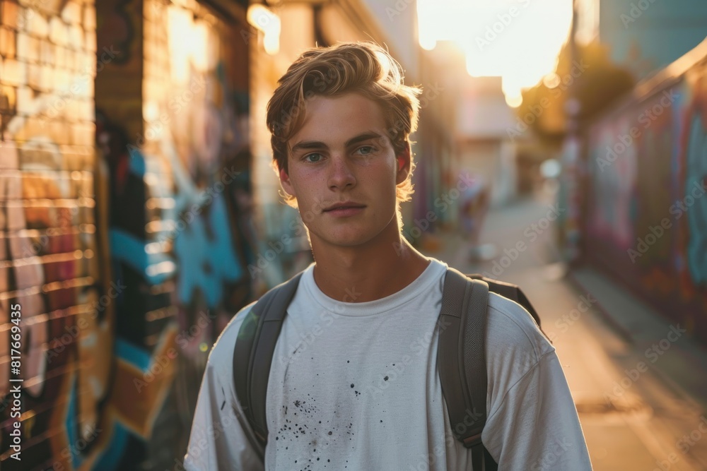 Fototapeta premium A young man with a backpack and a white shirt stands in front of a graffiti wall