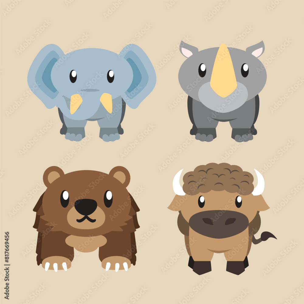 Cute illustration of wild animal of Elephants Rhinos Bears and Bison