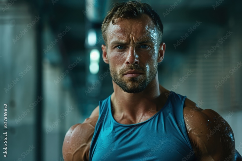 Fototapeta premium A man with a blue tank top is standing in a dark room
