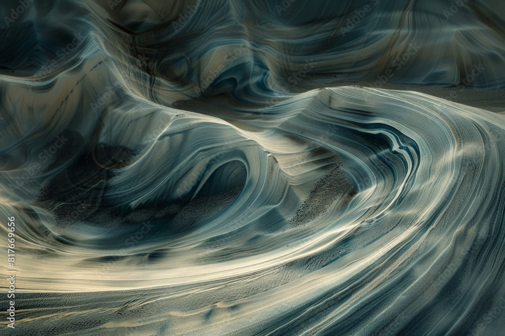 Abstract swirling sand patterns in a desert oasis, showcasing the texture and movement of the shifting sands. Abstract swirling sand patterns in a desert oasis, showcasing the texture and movement of the shifting sands.