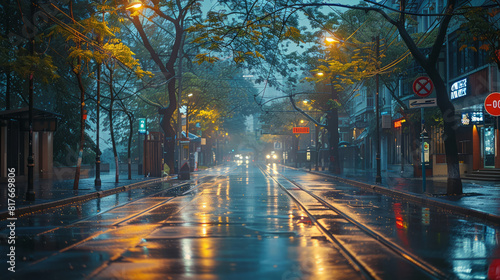 Refleksi lampu jalan di malam hari dengan suasana hujan di jalanan kota yang kosong dan tenang