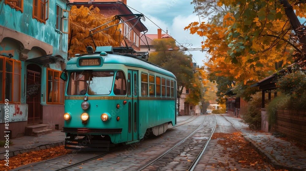 Obraz premium Vintage turquoise trolley in a quaint old town during fall, space for text on the left.