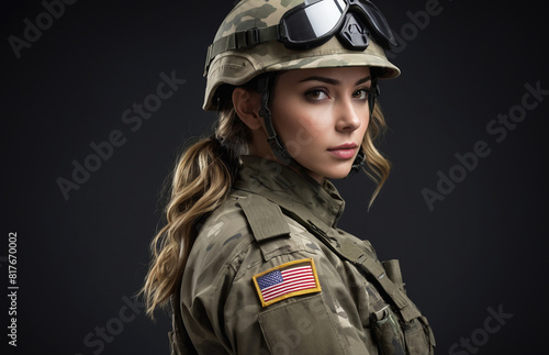 Young woman with military uniform including camouflage fatigues and a helmet on dark background