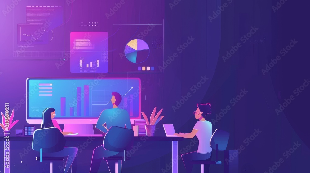 An illustration depicting a modern, tech-oriented workspace with two individuals focused on their computer screens, surrounded by digital charts and interface elements An illustration depicting a modern, tech-oriented workspace with two individuals focused on their computer screens, surrounded by digital charts and interface elements