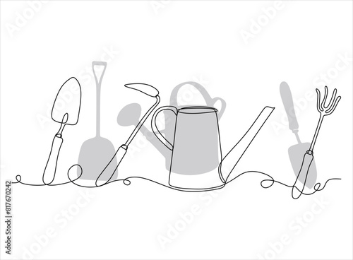 Linear drawing of garden tools. Horizontal background. Vector illustration. Without artificial intelligence
