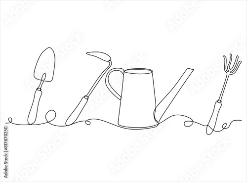 Linear drawing of garden tools. Horizontal background. Vector illustration. Without artificial intelligence
