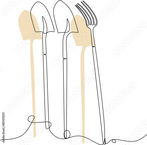 Linear drawing of garden tools. Horizontal background. Vector illustration. Without artificial intelligence
