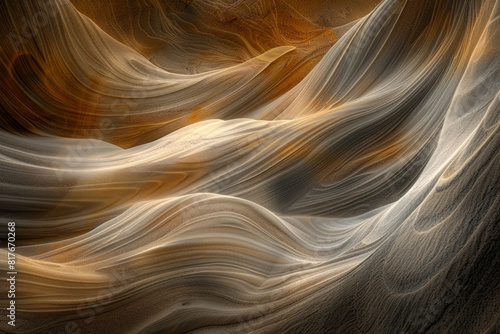 Abstract swirling sand patterns in a desert oasis, showcasing the texture and movement of the shifting sands. 