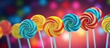Colorful spiral lollipops placed against vibrant backgrounds leaving empty space for images. Creative banner. Copyspace image