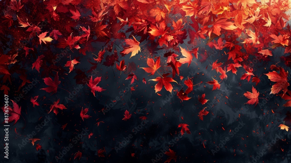 Red and yellow maple leaves falling in a dark forest. Red and yellow maple leaves falling in a dark forest.