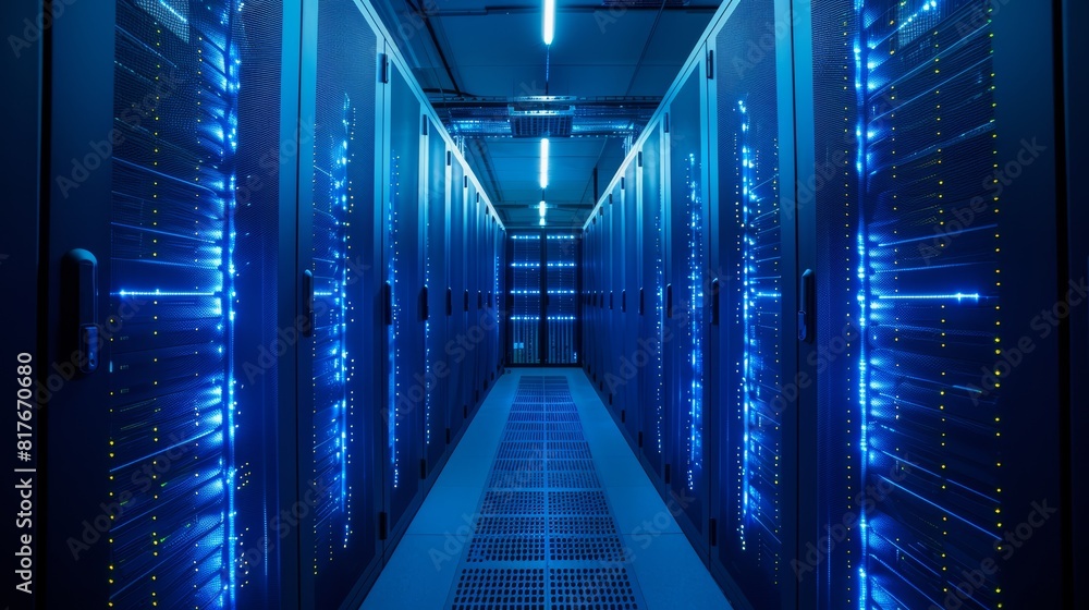 Blue light illuminates the long corridor of a modern data center. Blue light illuminates the long corridor of a modern data center.