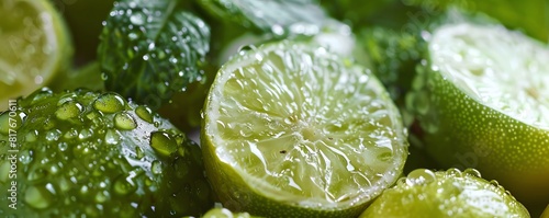Fresh green limes with water drops.