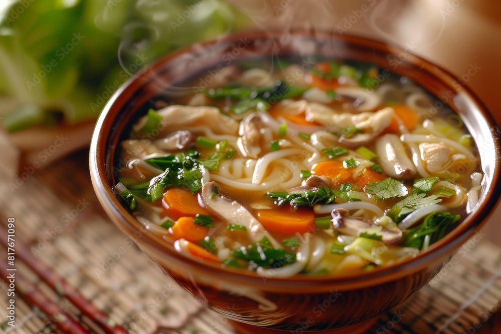 Asian restaurant serving chicken noodle soup with shiitake mushrooms carrots and cabbage Hard light vertical presentation