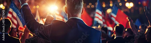 A back view of a voter raising their hand to address the audience at an election rally