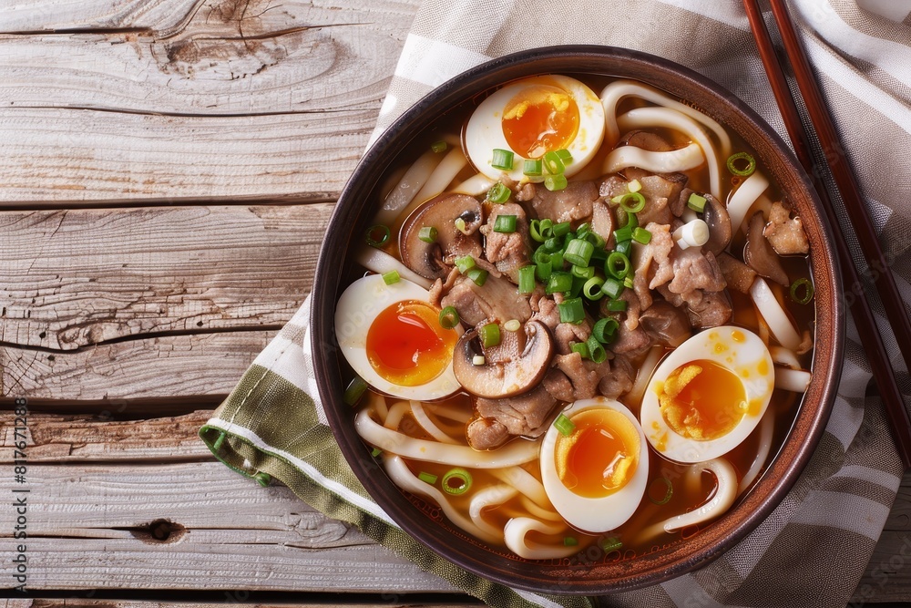 Asian soup with udon noodles pork eggs mushrooms and green onions in a bowl on the table Top view Asian soup with udon noodles pork eggs mushrooms and green onions in a bowl on the table Top view