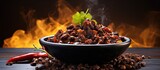 An appetizing copy space image of spicy Mexican black chili served with black beans representing the essence of authentic ethnic cuisine