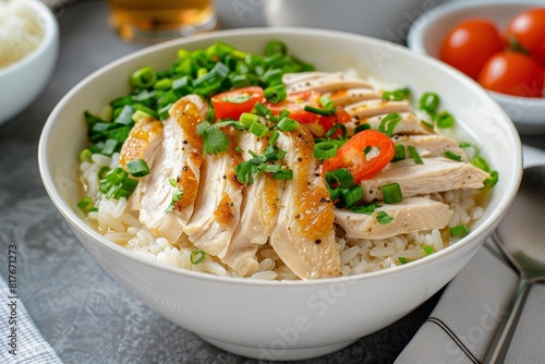 Asian style breakfast of rice soup with sliced chicken breast in white bowl