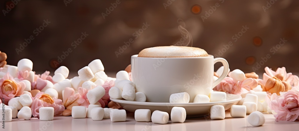 A cup of coffee adorned with marshmallows and surrounded by a pile of marshmallow features prominently in this copy space image