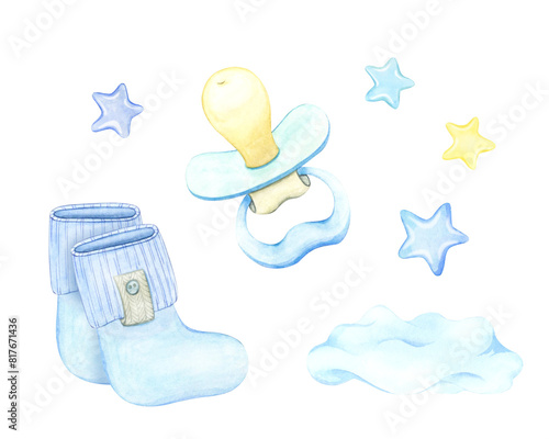 A set of baby bottles and pacifiers, booties, little socks. Watercolor illustration clipart on white isolated background. Drawing children's things in blue and pink. Milk and mannequin painting for