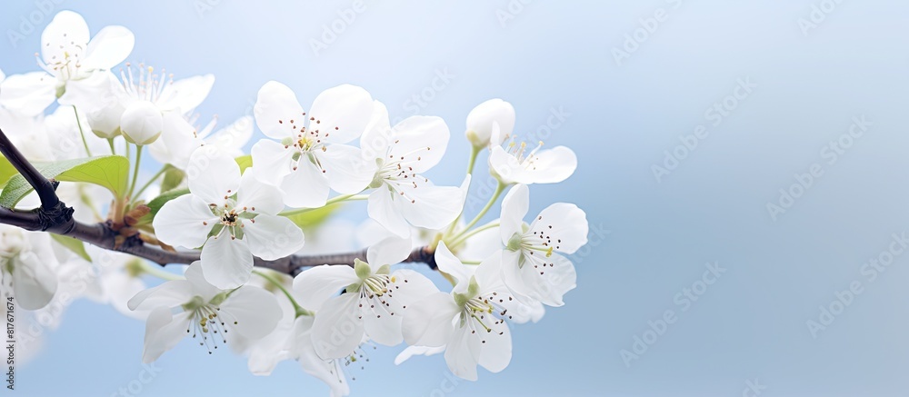 Fototapeta premium Close up image of white blossoms on an apple tree twig during spring with copy space