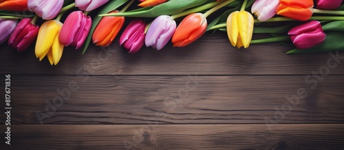 An image of spring tulips flowers placed on an aged wooden surface providing ample space for additional content