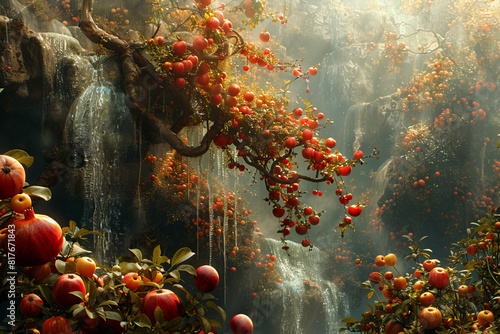 Imagine a surreal landscape where winter is depicted by icy pomegranates, spring by blooming kiwi vines, summer by mangoes dripping with sunlight, and autumn by persimmons turning into miniature pumpk