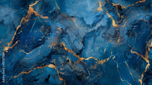 Abstract blue and gold marble pattern with fluid, ink-like swirls creating an artistic and luxurious background