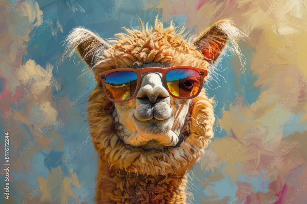 Close up of a llama wearing stylish sunglasses, perfect for summer-themed designs Close up of a llama wearing stylish sunglasses, perfect for summer-themed designs