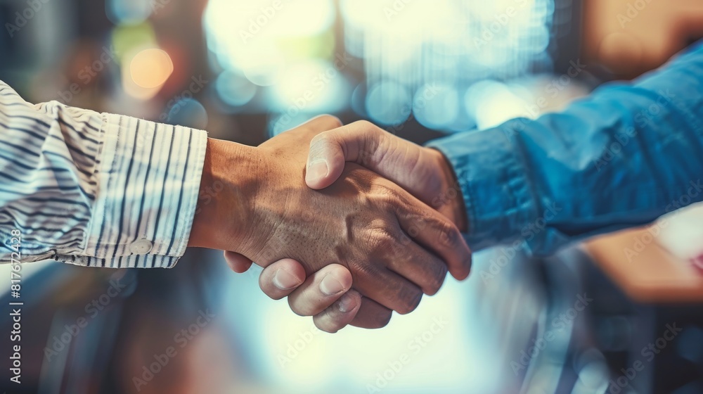 A close-up image capturing the handshake between two individuals, symbolizing agreement, partnership, or greeting A close-up image capturing the handshake between two individuals, symbolizing agreement, partnership, or greeting