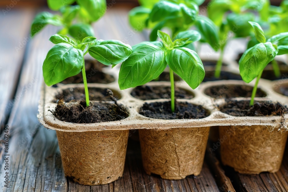 Baby basil seedlings in eco friendly pots on wooden surface Green herbs in peat pots Young plants growing in small containers Trays for planting agr Baby basil seedlings in eco friendly pots on wooden surface Green herbs in peat pots Young plants growing in small containers Trays for planting agr