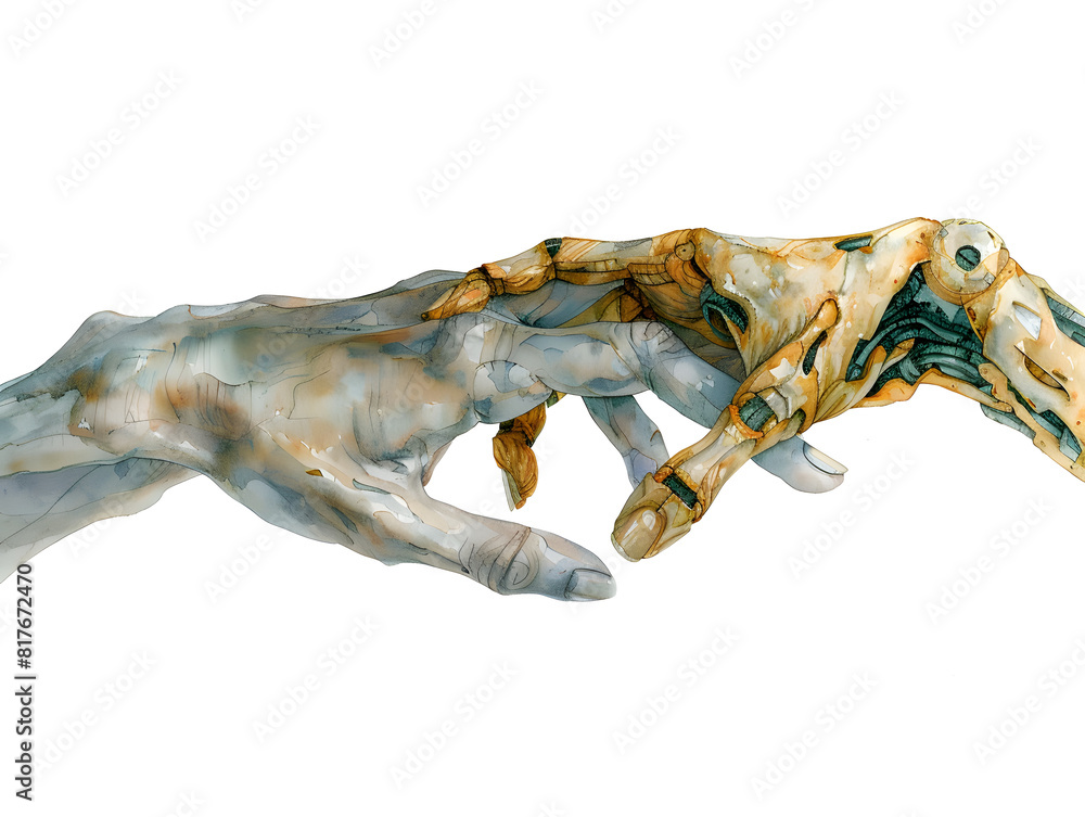 In a futuristic world, the helping hands of a human and a robot come together in collaboration, symbolizing friendship and unity. Watercolor of advanced technology and mutual support. In a futuristic world, the helping hands of a human and a robot come together in collaboration, symbolizing friendship and unity. Watercolor of advanced technology and mutual support.