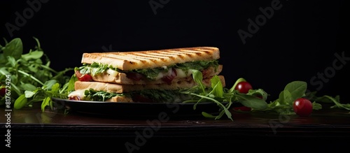 A quick and tasty snack a cooked panini with green lettuce on a black plate accompanied by cherry tomatoes seen in the copy space image