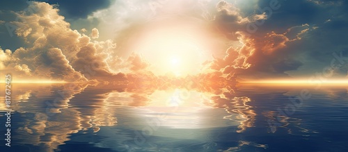 A stunning wallpaper featuring a serene image of the sun s reflection on a water pool surrounded by clouds Perfect as a copy space image © HN Works