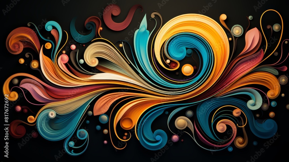 The image is a colorful abstract painting with a variety of shapes and colors