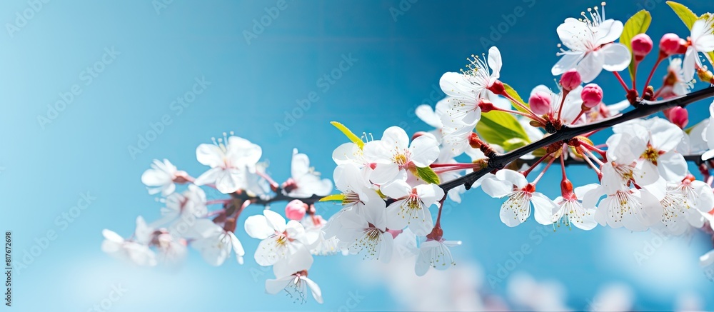 Spring flowers on cherry blossom branches against a backdrop of natural blue sky creating a vibrant spring scenery with copy space image