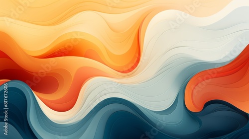 The image is a colorful abstract painting. It has a wavy pattern and a gradient of orange, yellow, white and blue colors.